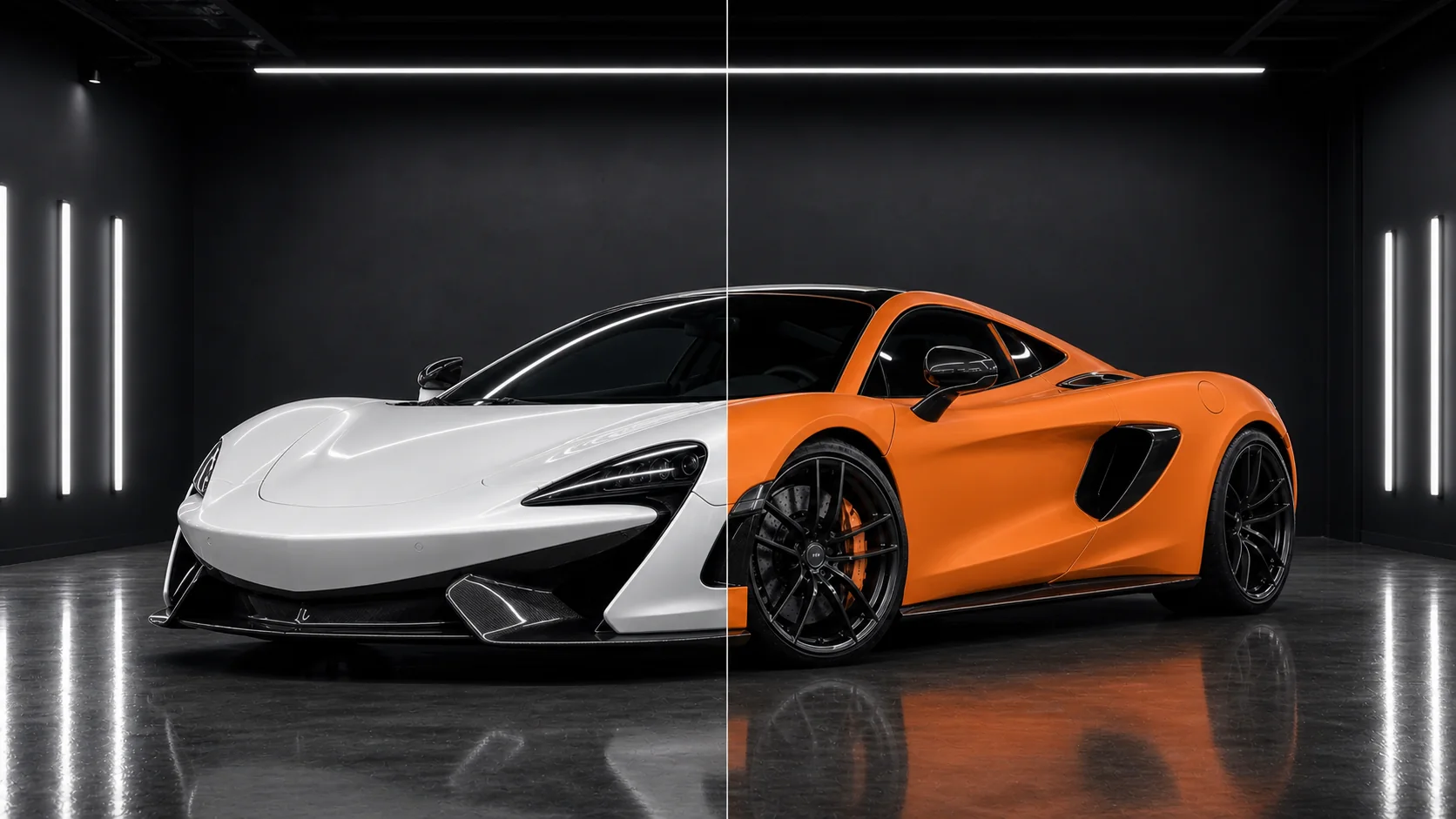 Before and after exotic coupe orange wrap transformation